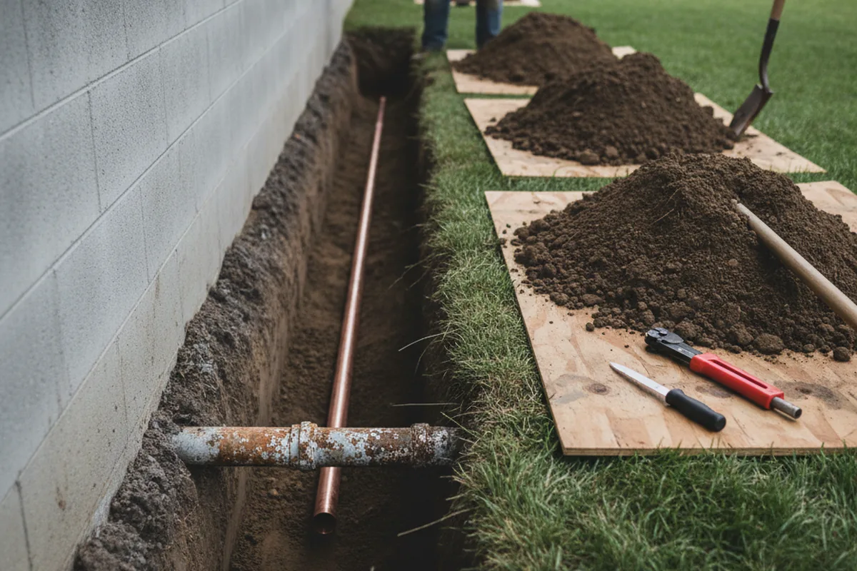 Excavated water line trench during Water Heater Repair in Diamond Bar